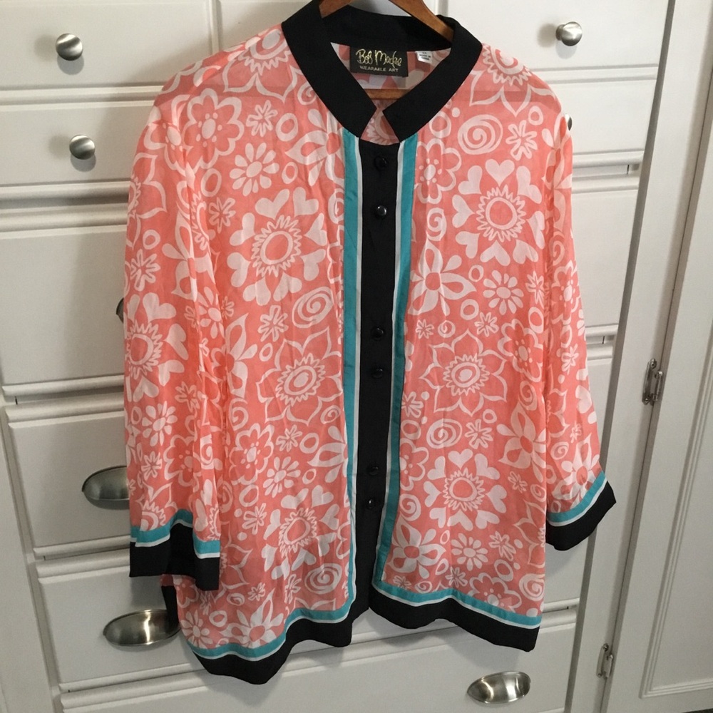 Bob Mackie Wearable Art Silk Button Up Blouse 2X